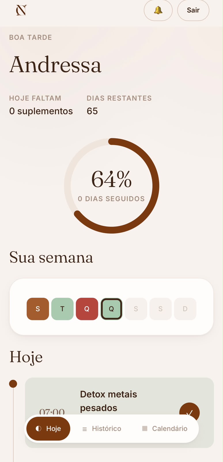 Tela principal do aplicativo com o acompanhamento do tratamento